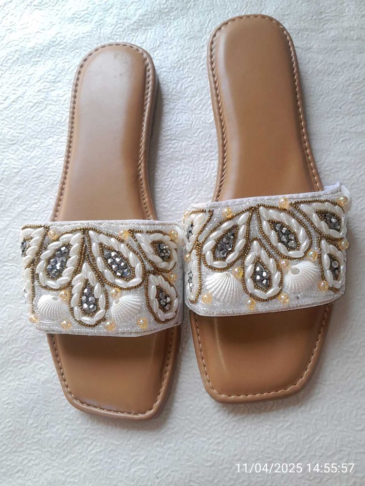 Pearl &amp; Shell Embellished Slides