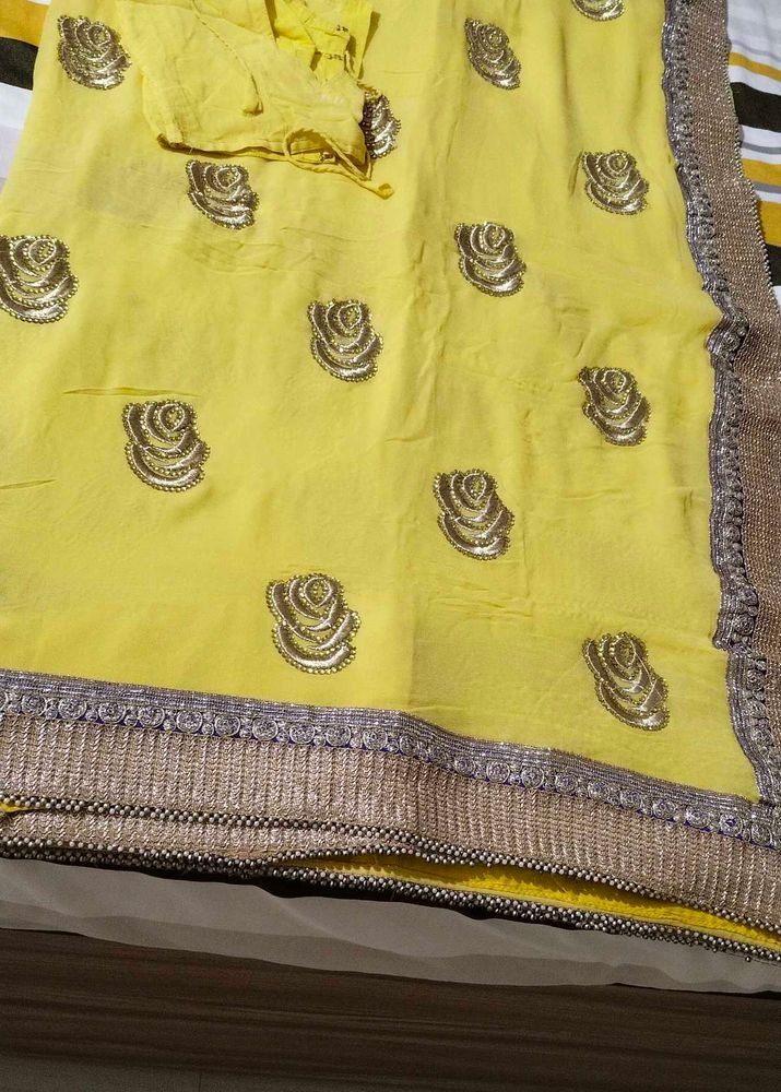 Yellow Chiffon Sari With Blouse