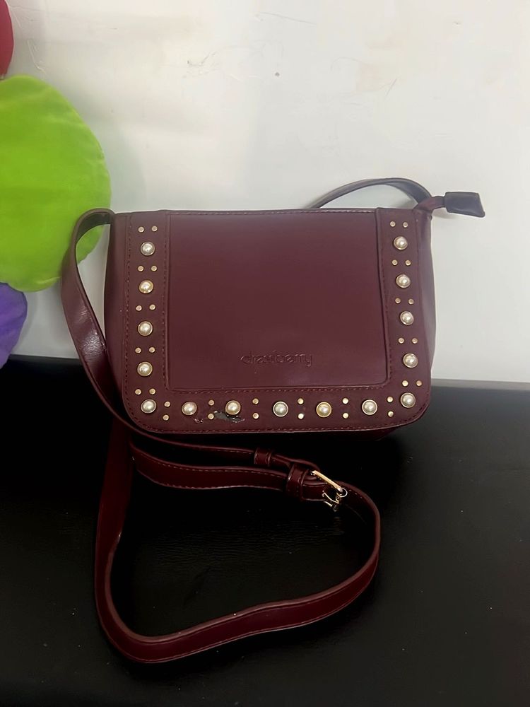 Burgundy Sling Bag with Pearl Detail
