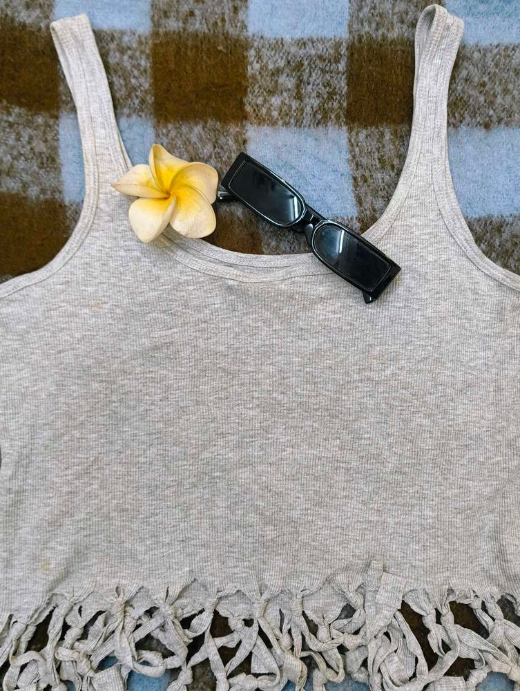 Gray Fringe Tank Top