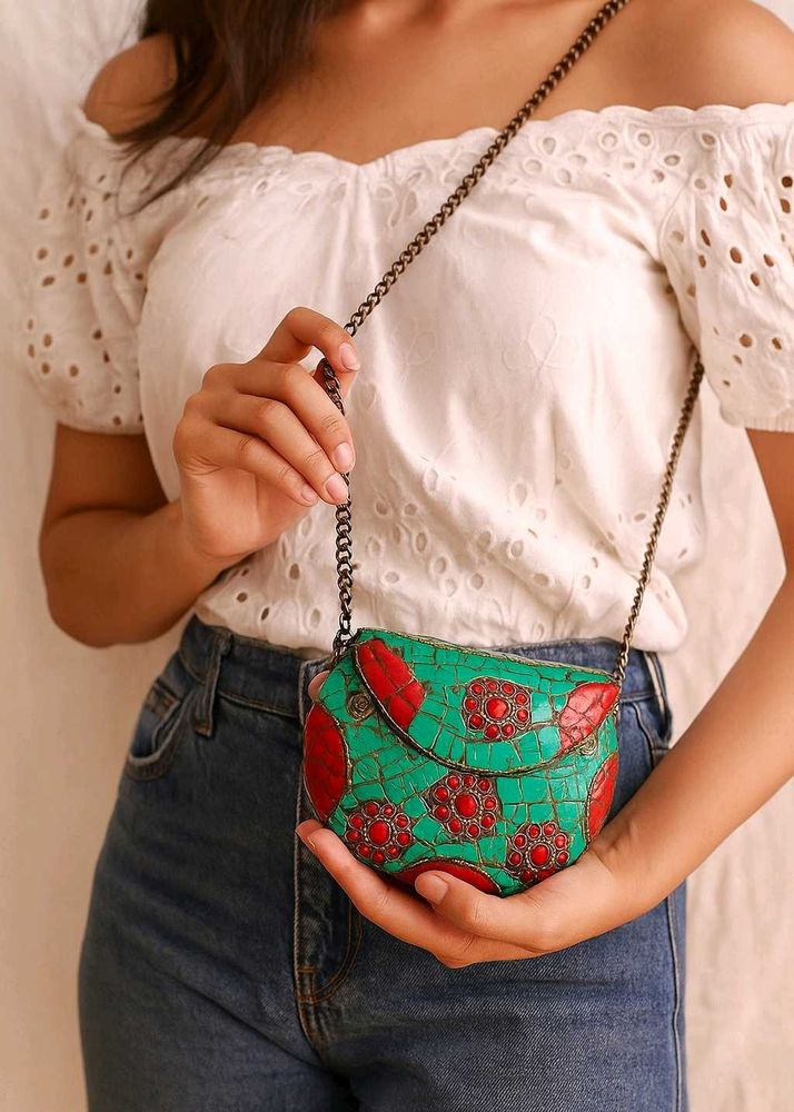 Turquoise And Coral Mosaic Stone Chain Sling Bag