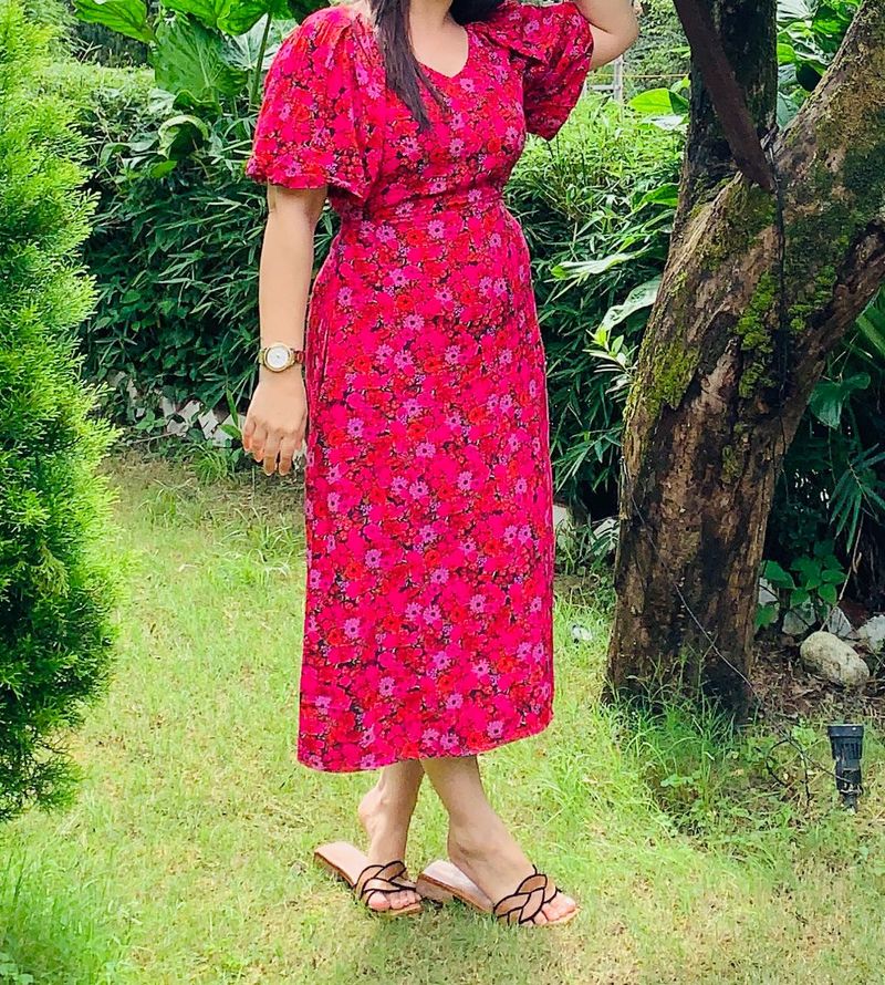 Pink Floral Midi Dress