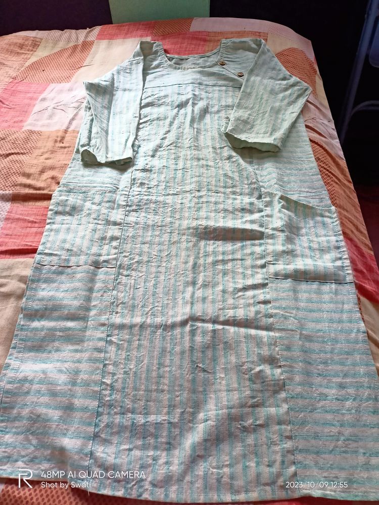White And Seagreen Stripped Kurti With Pockets