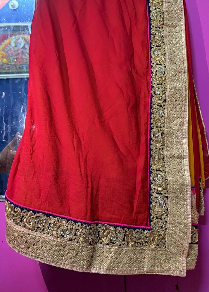 Elegant Red,Yellow &amp; Gold Embellished Saree