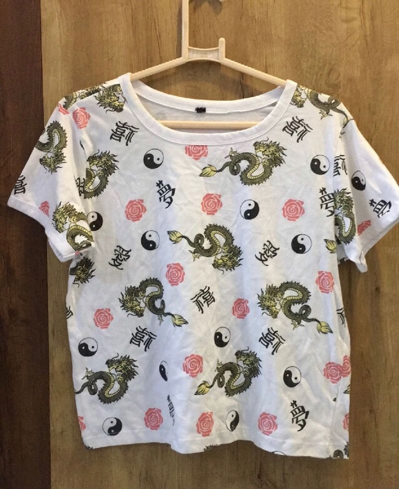 Yin &amp; Yang Dragon Japanese T-shirt In White