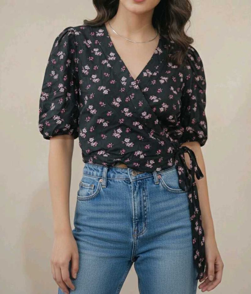 Floral Wrap Top with Tie Detail