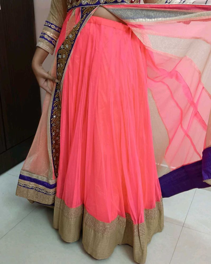 Coral Lehenga Skirt With Dori And CanCan