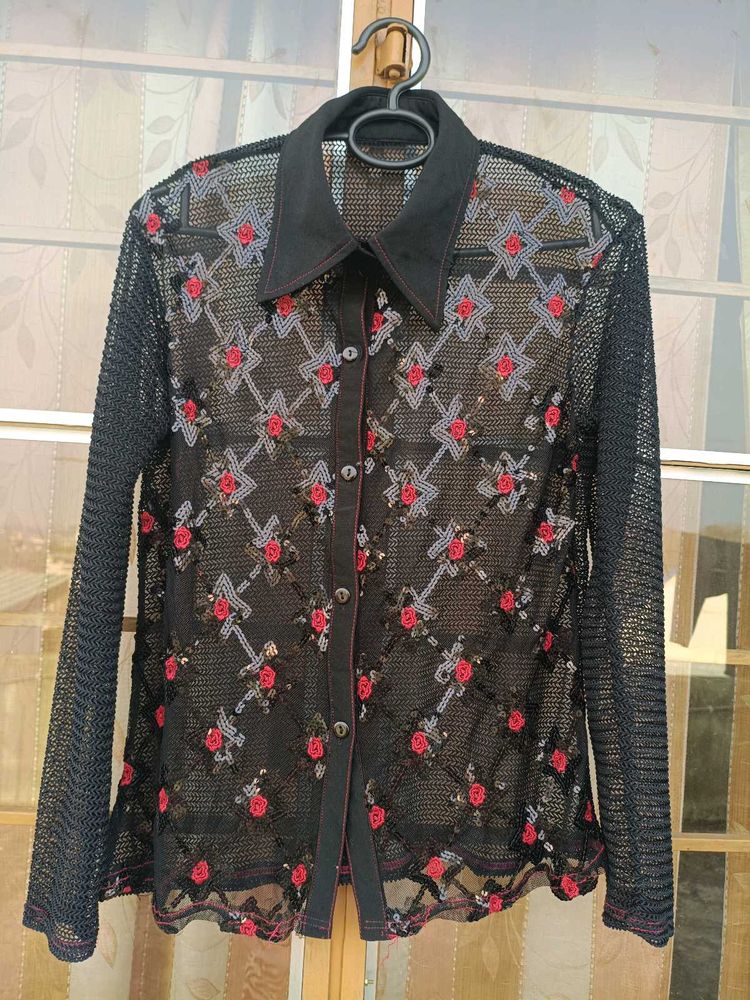 Embroidered Floral Mesh Top