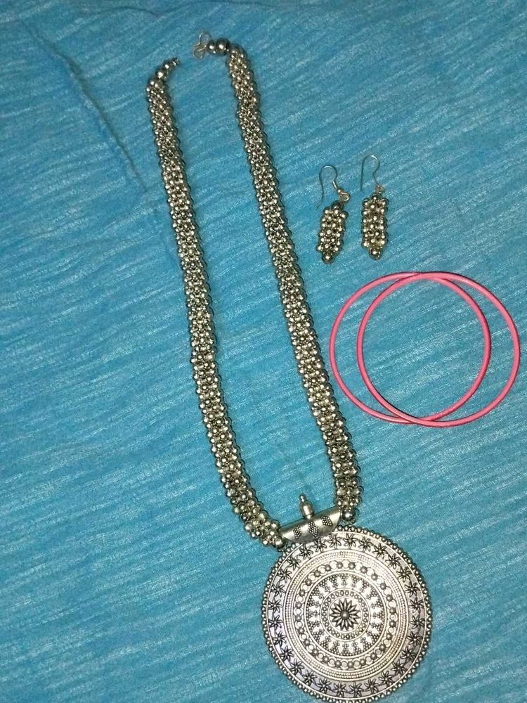 Oxidized Silver Necklace, Earrings, &amp; Bangles