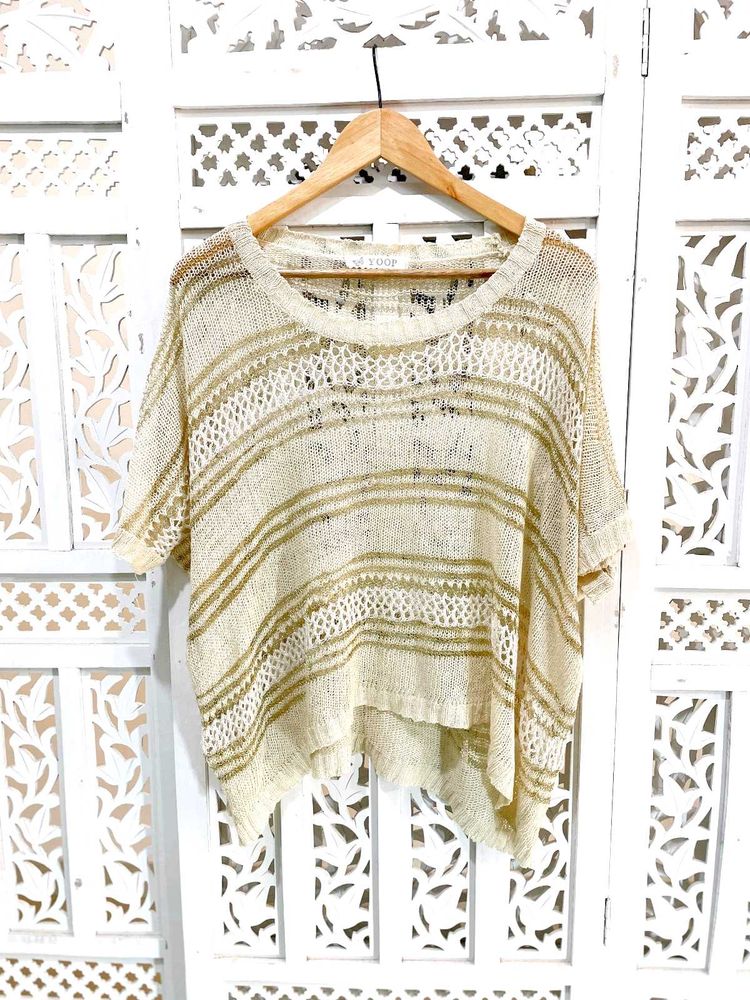 Boho Chic Beige &amp; Gold Stripes Knit Top C
