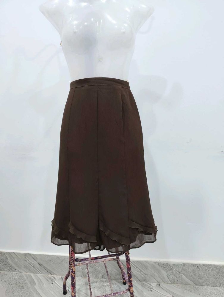 Brown Ruffle Hem Midi Skirt