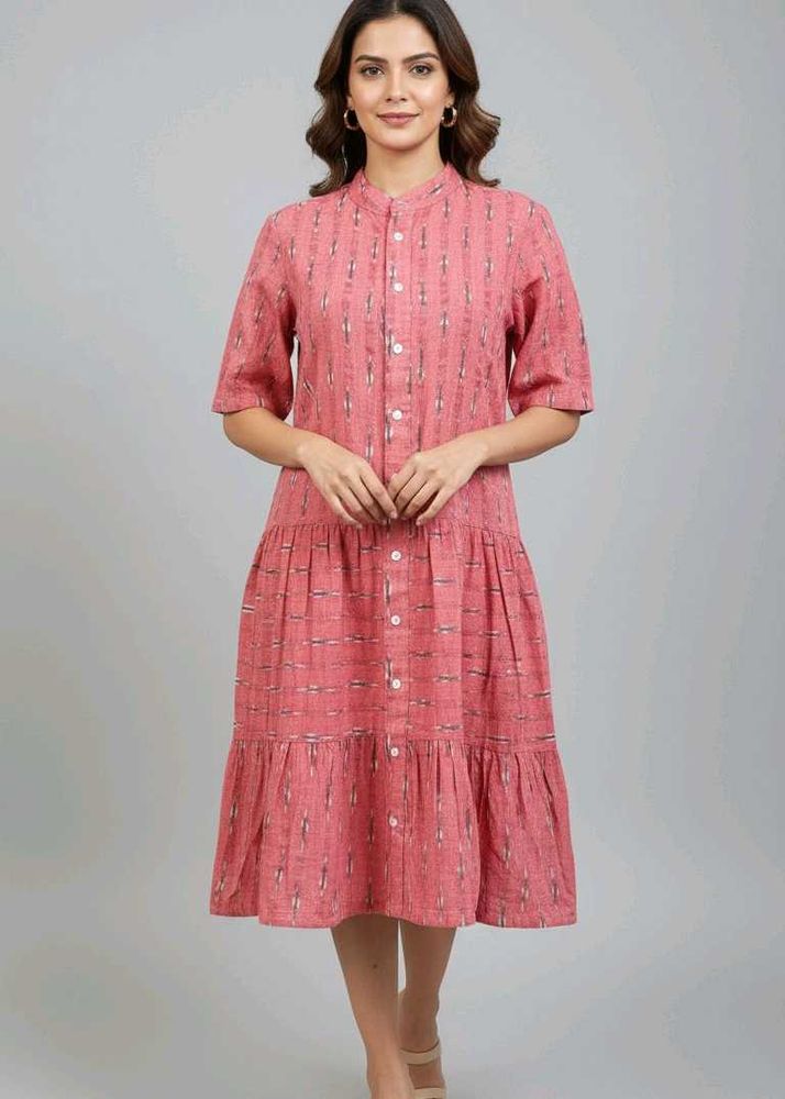 Pink Tiered Midi Shirt Dress