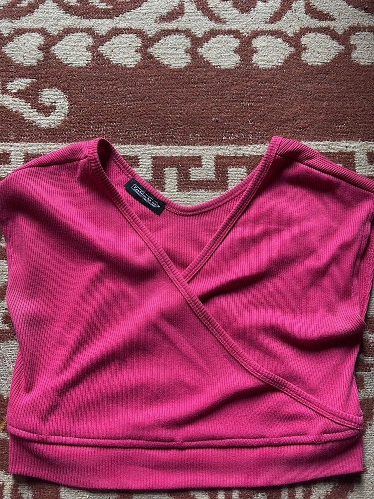 Pink Ribbed Wrap Top