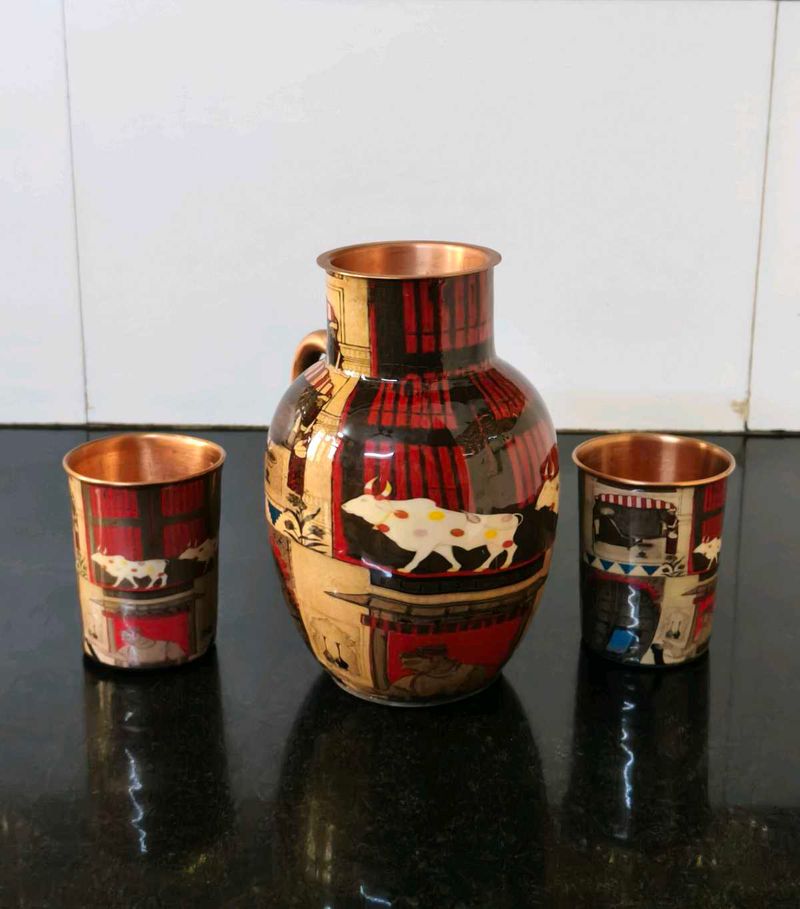 Unique printed Copper Jug with Glass set