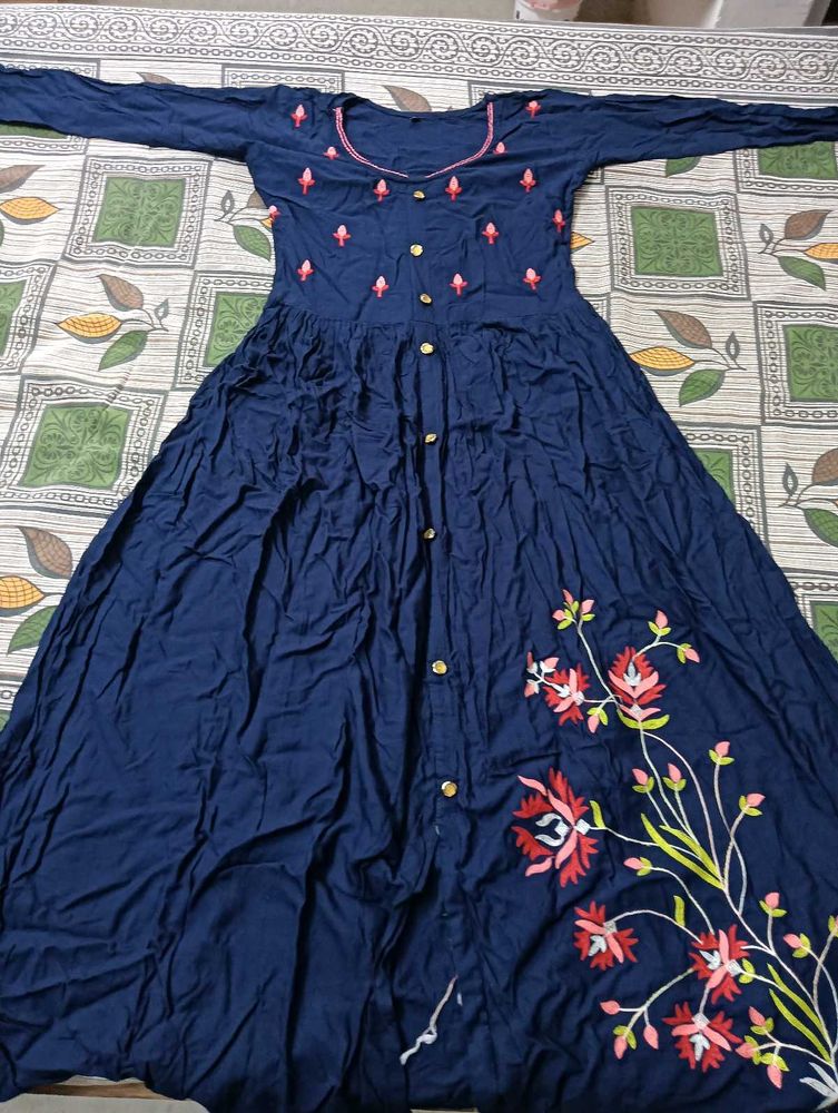 Navy Floral Embroidered Maxi Dress