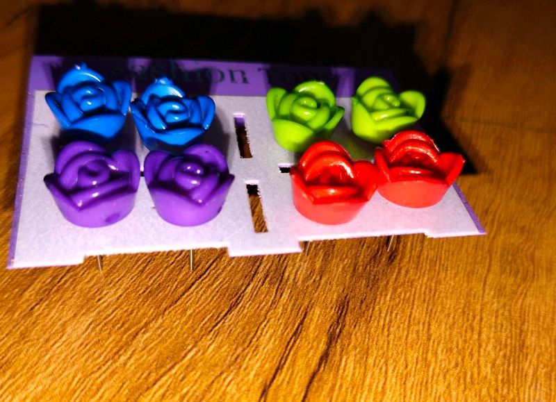 Rose Stud Earrings - 4 Pairs