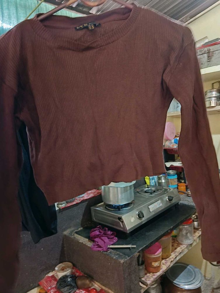 Brown Ribbed Long Sleeve Top