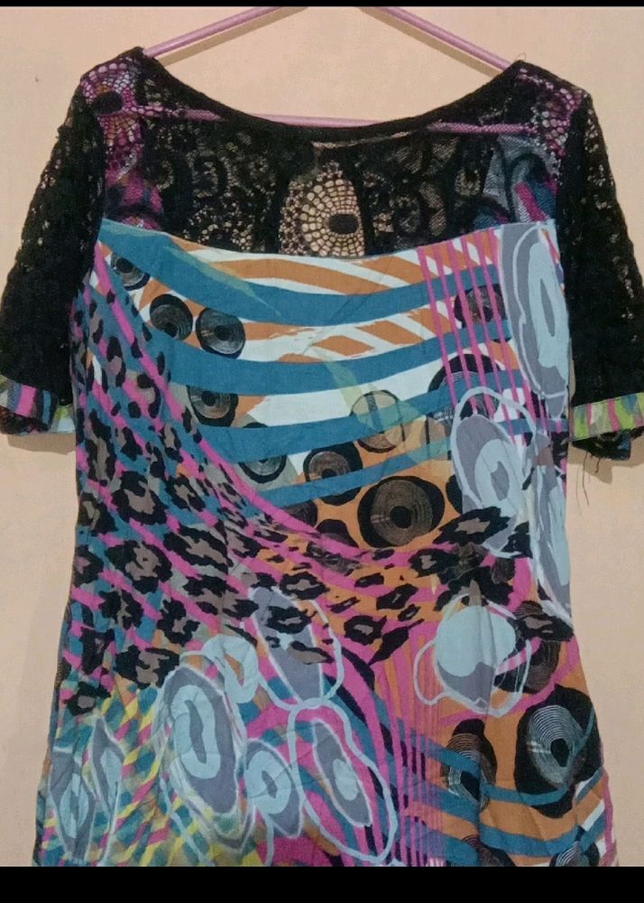 Abstract Print Top with Lace Detail