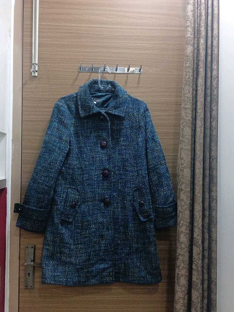 Elegant Blue Tweed Korean Coat