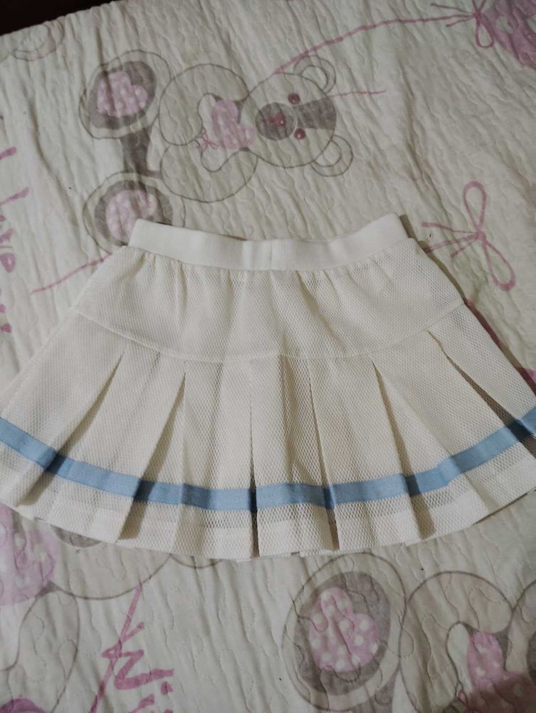 White Pleated Skirt with Blue Stripe