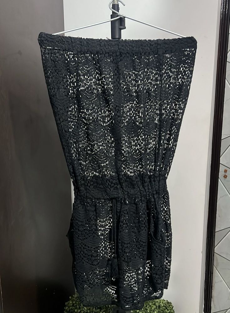 Black Crochet Cover Up Romper Beachwear