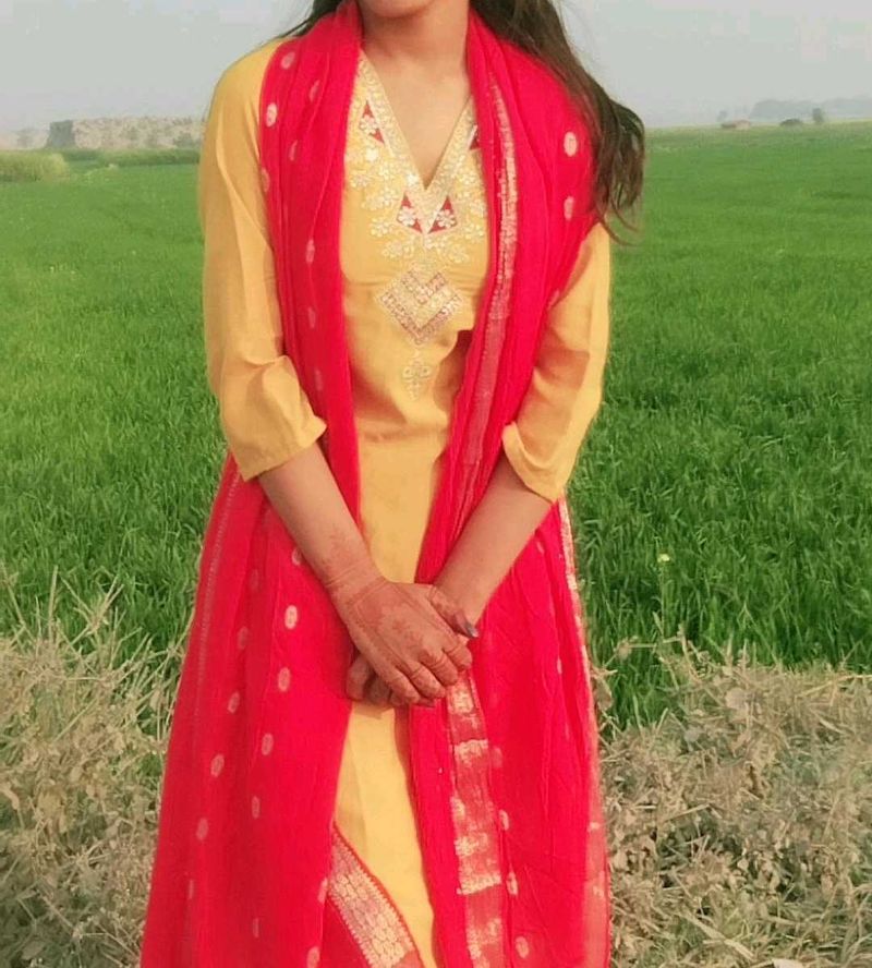 Elegant Yellow Kurta with Red Dupatta yello