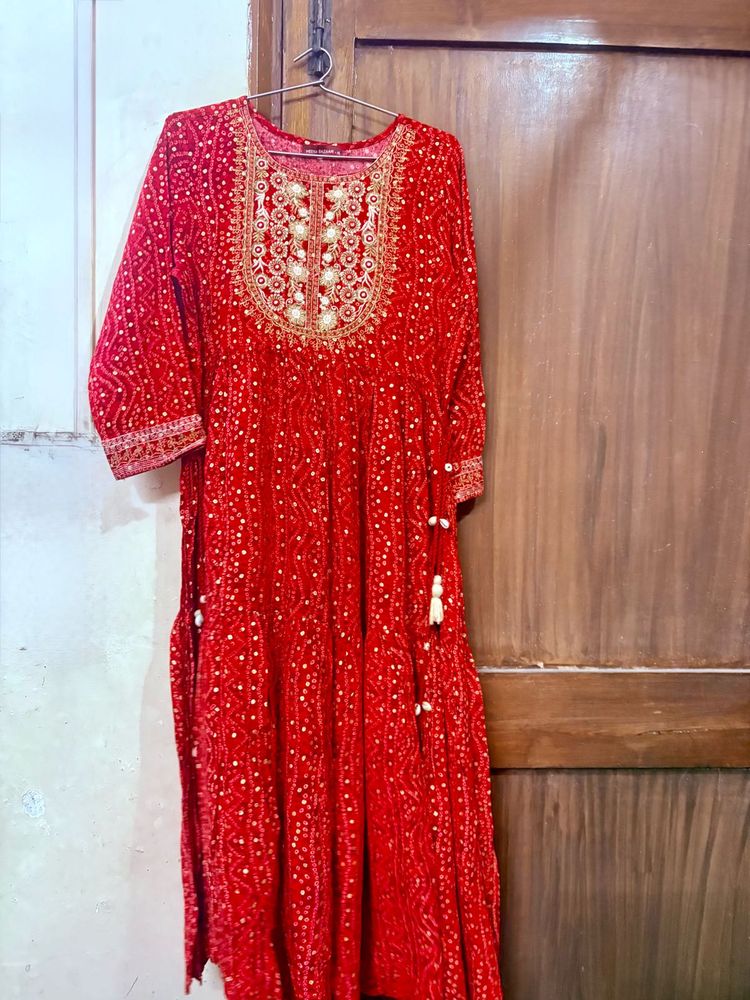 red flowing dress