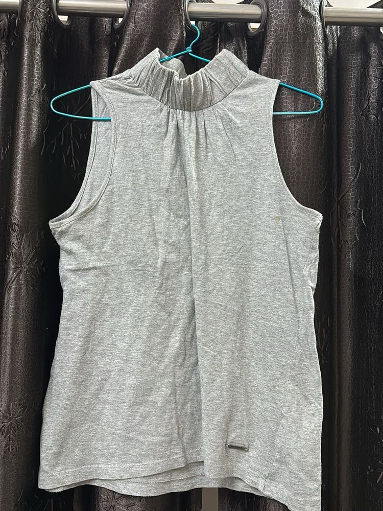 Gray High Neck Sleeveless Top