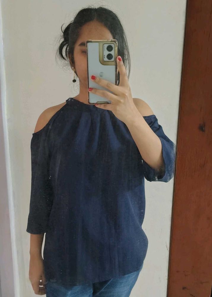 Navy Cold Shoulder Top