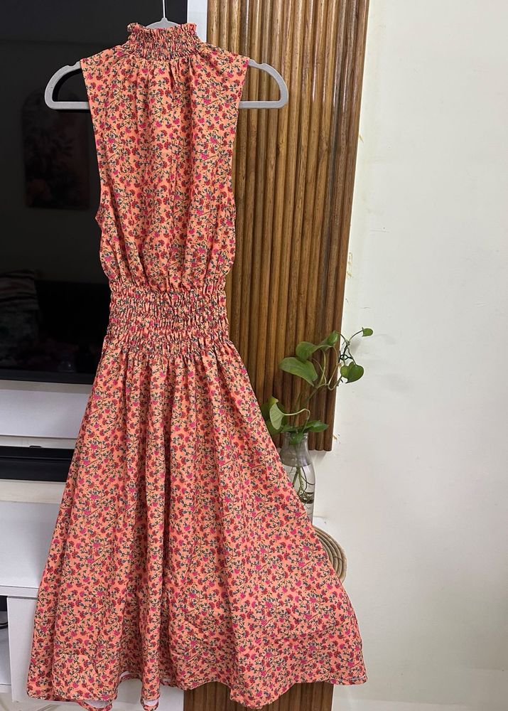 Coral Floral High Neck Smocked Dress