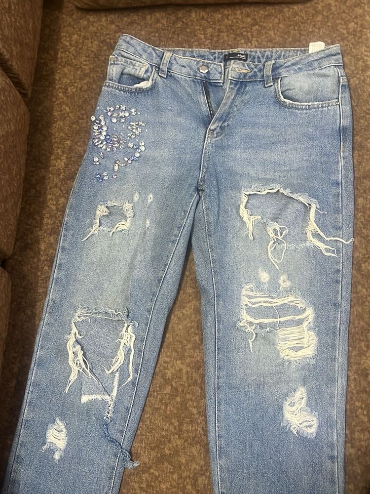 Ripped &amp; Bejeweled Denim Jeans