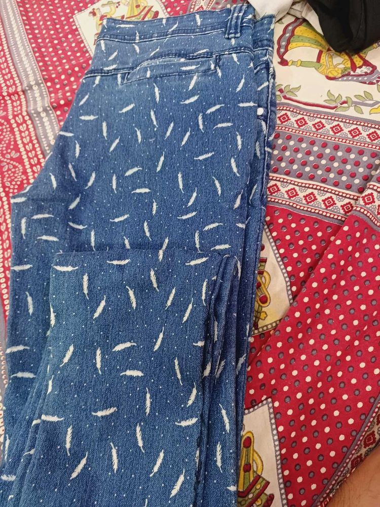 Feather Print Denim Jeans