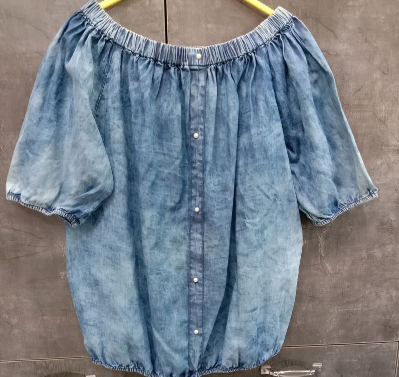 Women blue off shoulder bardot top