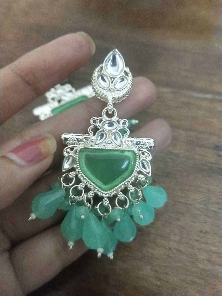 Green Kundan Dangler Earrings