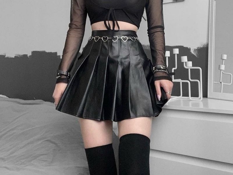 Pleated Black Leather Skirt
