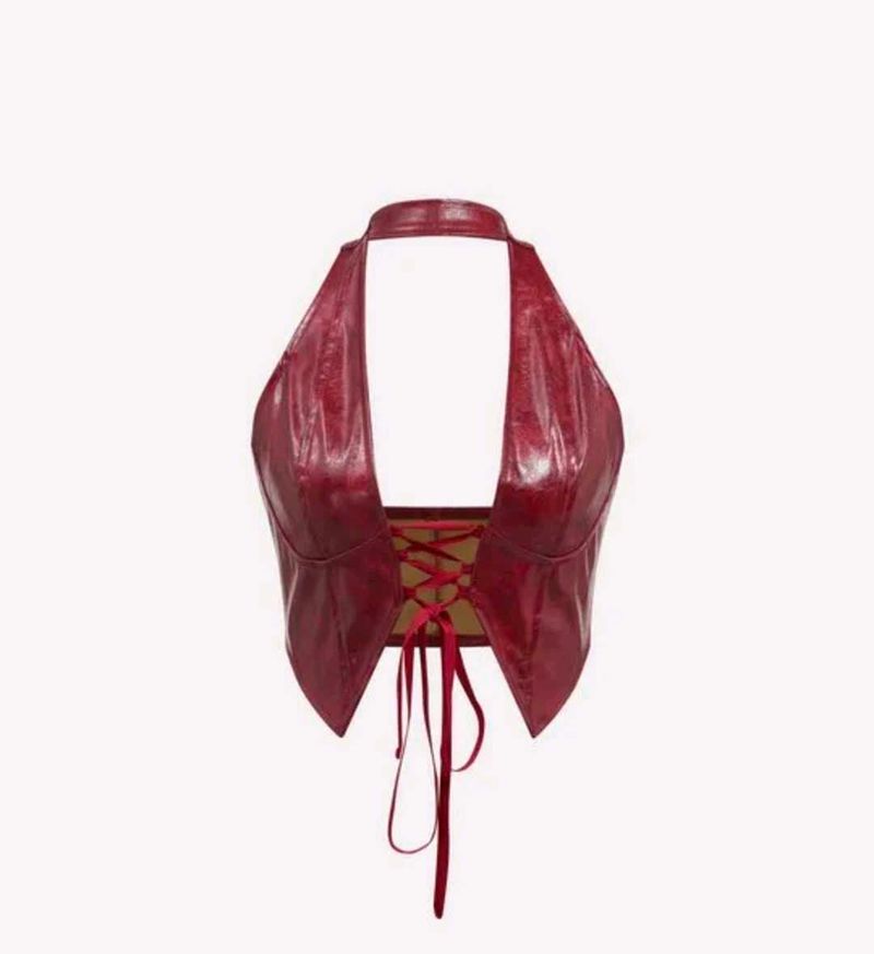 Red Faux Leather Corset Halter Top