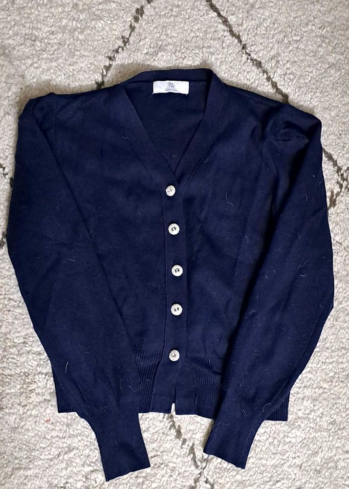 Rhinestone Navy Blue Cardigan With Puffed Sleeves