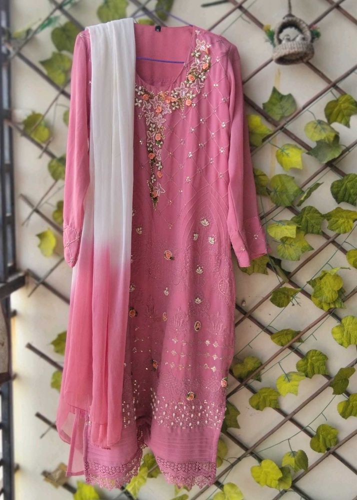 Onion Pink Embroidered Kurta Set