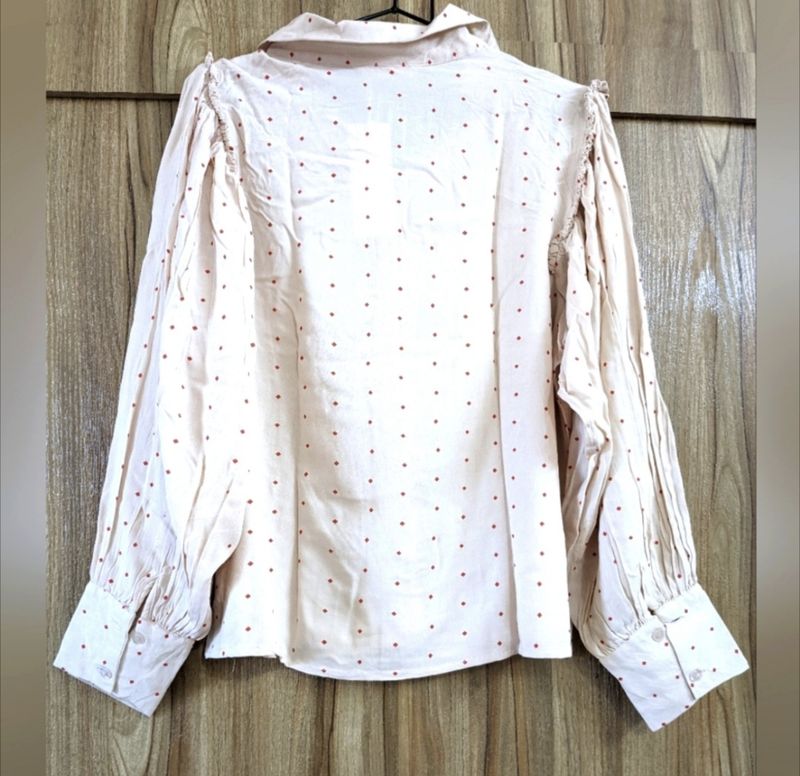 Salmon Colored Shirt With Lovely Red Dot Print.