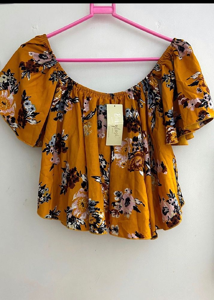 Berrylush Mustard Floral Bardot Top | SIZE XS