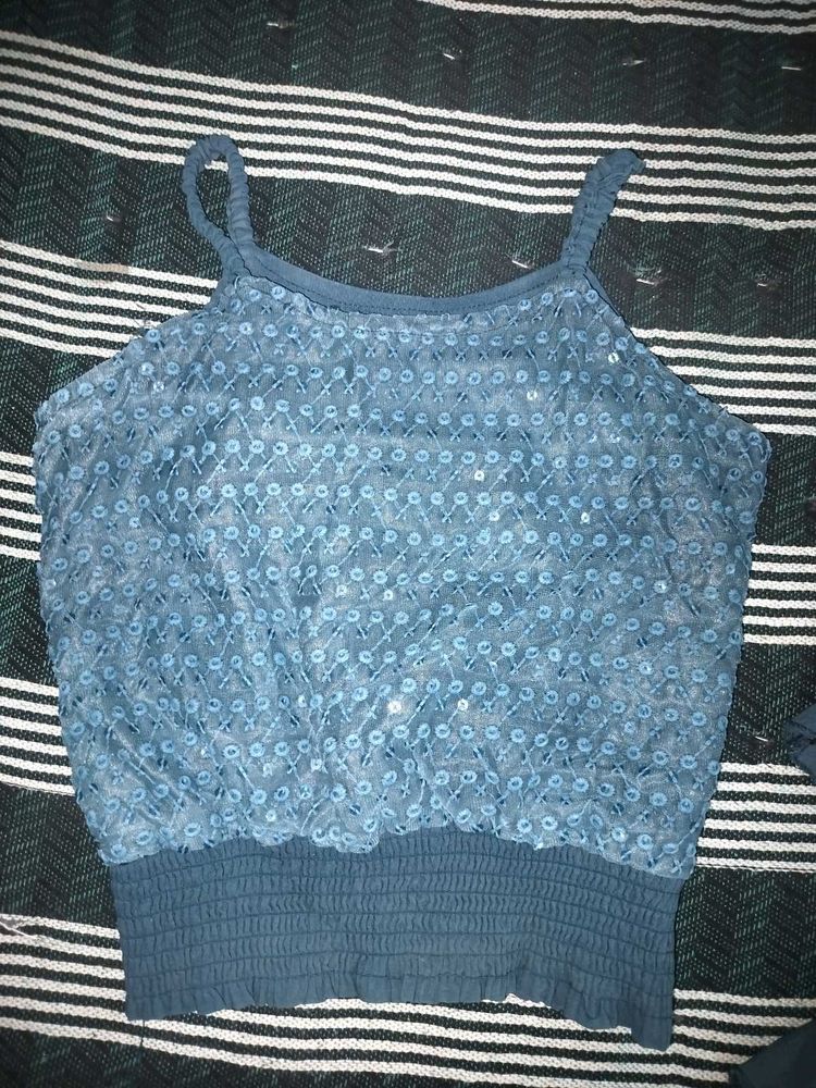 Blue Sequin Embellished Tank Top