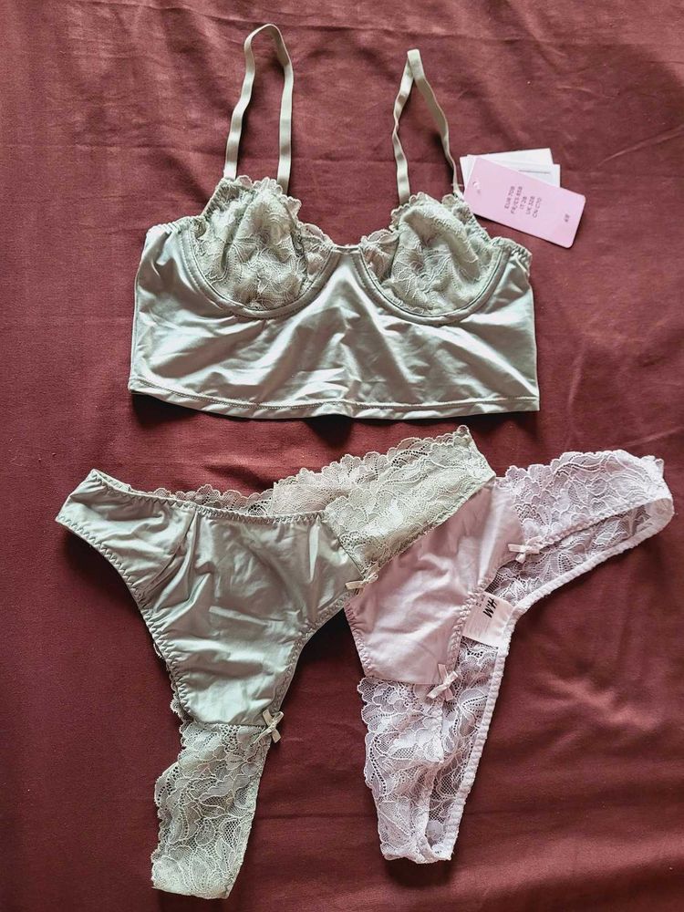 H&amp;M Satin Thong Set Of 2 With Bralette 32B