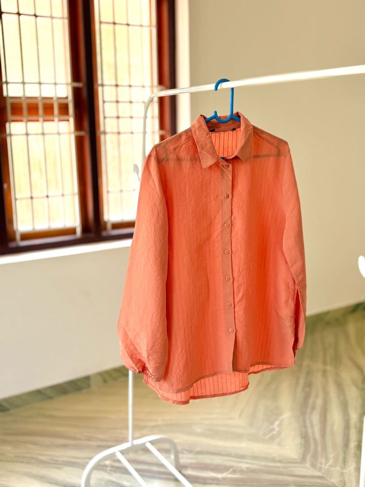 Peach Textured Sheer Panel Button-Down Shirt