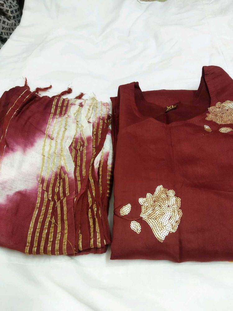 Burgundy Kurti Set with Striped Dupatta