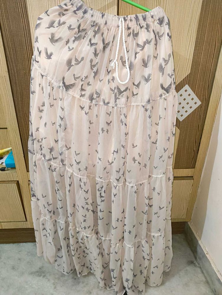 Bird Print Long Skirt
