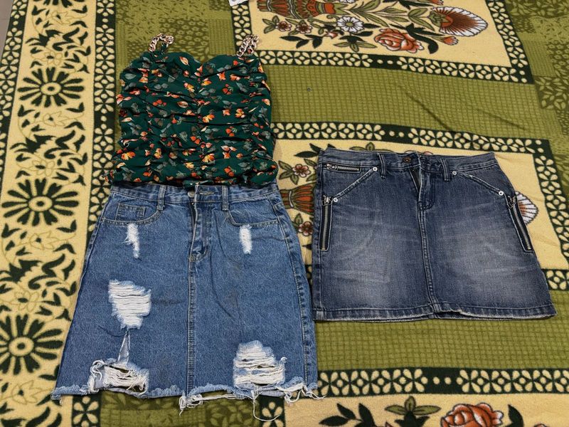 Denim Skirt &amp; Floral Top Set