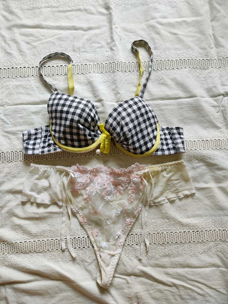 Gingham Bra &amp; Laced Thong Set