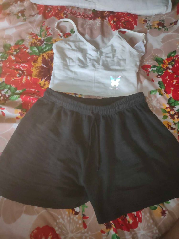 White Top &amp; Black Shorts Set