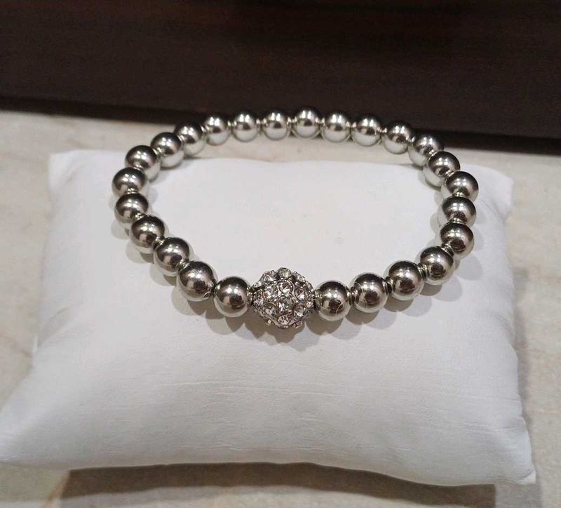 Silver Beaded Bracelet with Crystal Ball