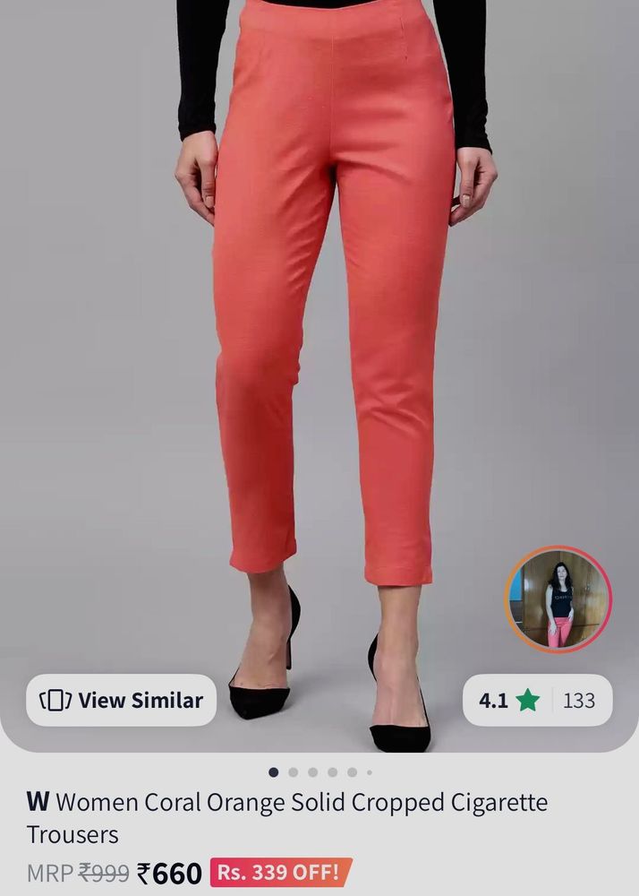 Coral Orange Solid Cropped Cigarette Trouser Pant